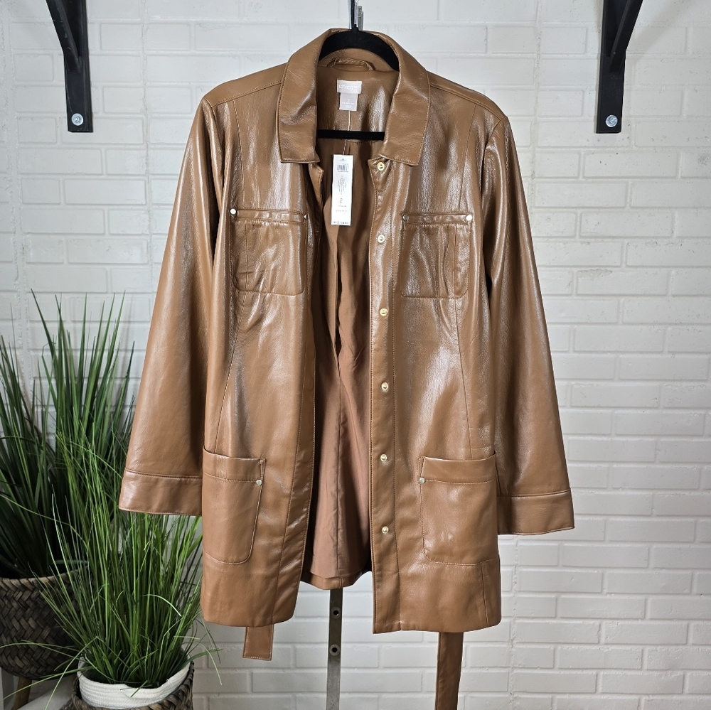 NWT Chicos Brown Coated Vegan Leather Utility Jacket Size 2 - Picture 9 of 12